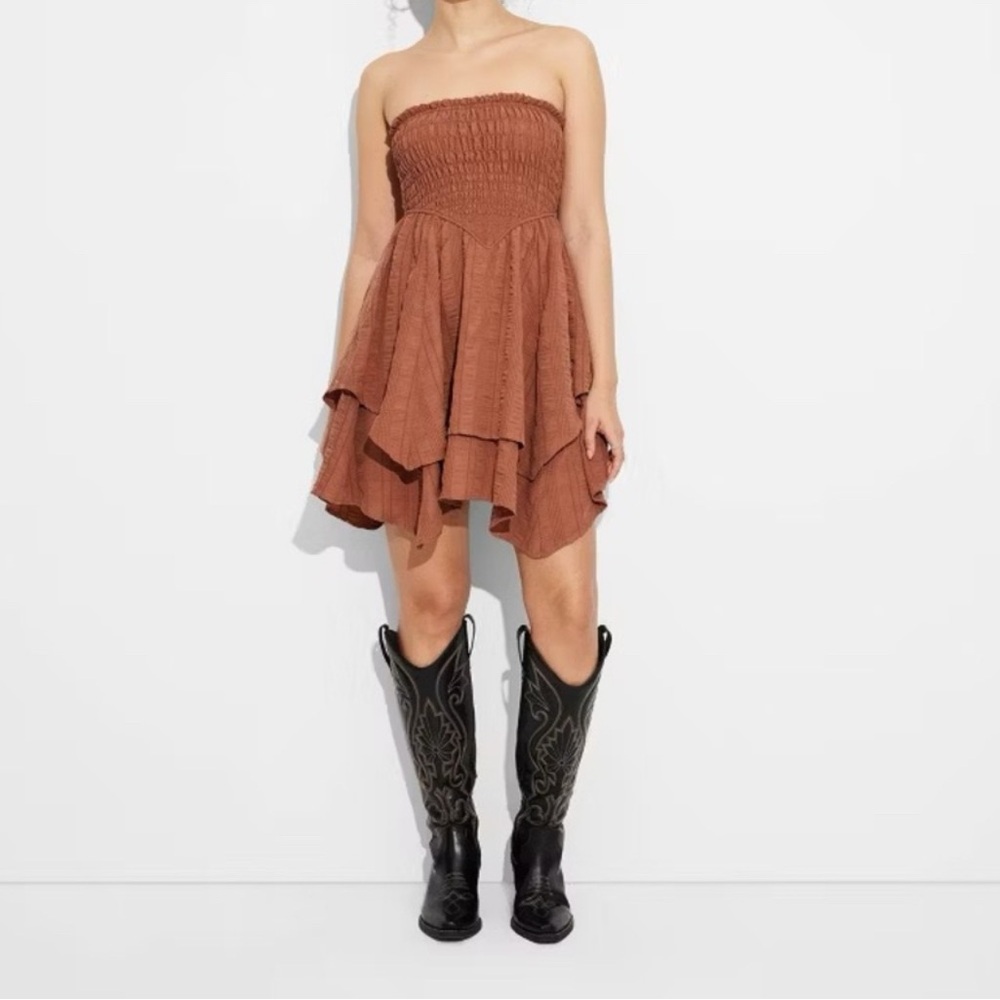 WOMENS XS DRESS FAIRY SMOCKED FIT FLARE RENAISSANCE RUST TIERED PEASANT NEW TAG